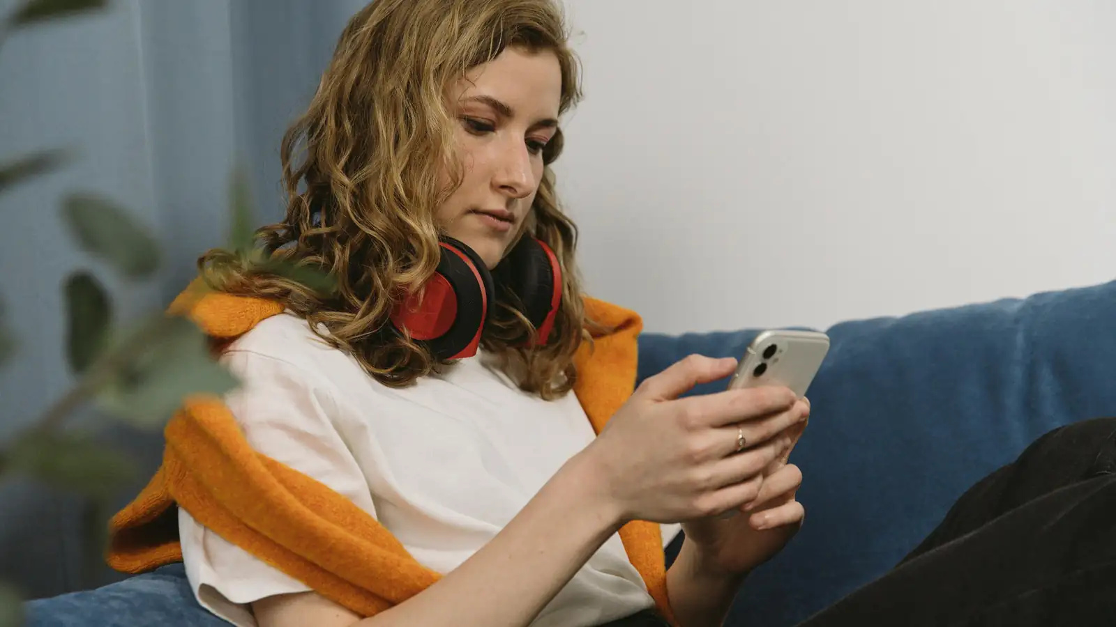 Woman practicing speaking with language app